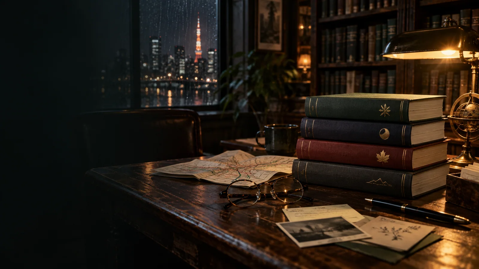 Open books, reading notes, and a fountain pen arranged on a dark editorial desk