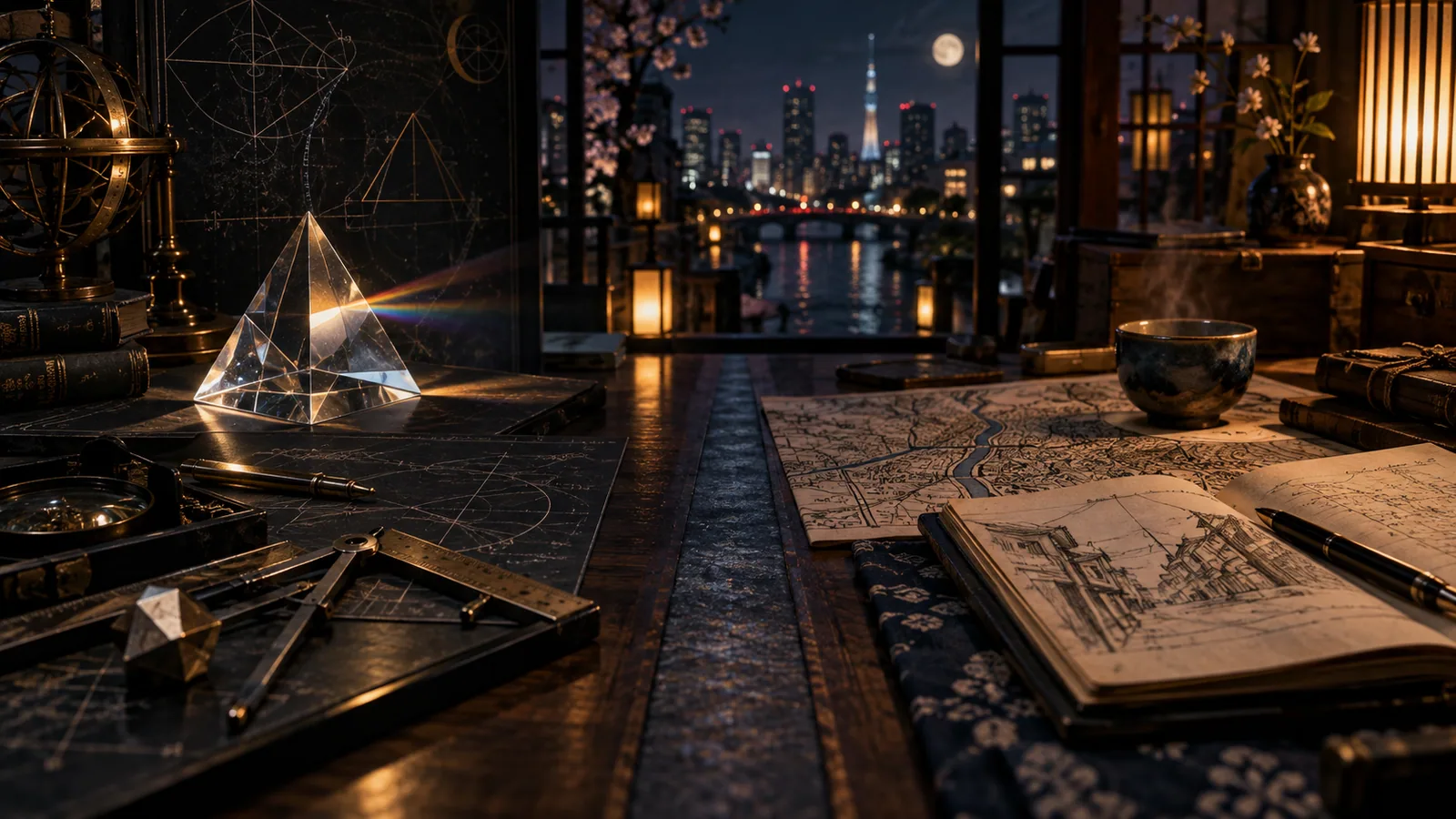 An editorial still life contrasting scientific investigation with patient detective work in Keigo Higashino's series