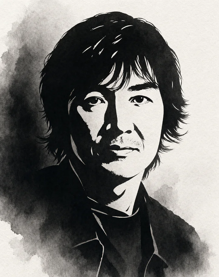 Black-and-white ink portrait of Keigo Higashino