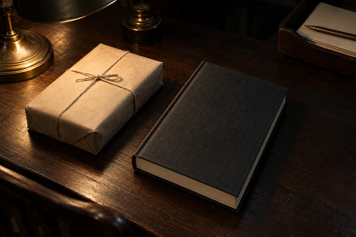 An unmarked book and a paper parcel resting in warm lamplight