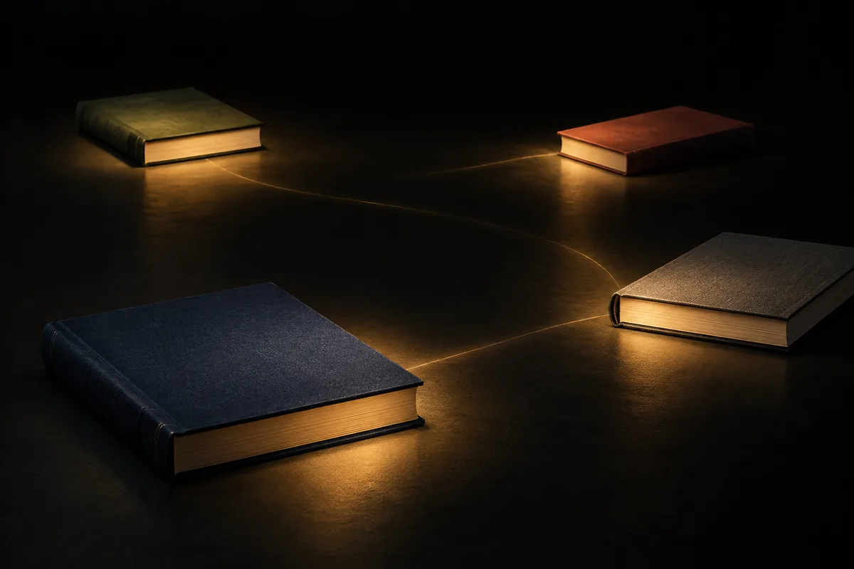 Four closed books connected by fine lines of warm light