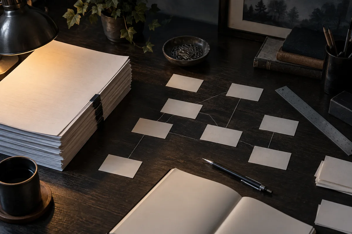 Manuscript pages and index cards arranged across a writer’s desk